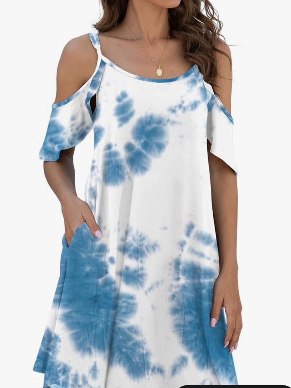 Jouica Blue & White Tie-Dye Cold Shoulder Swing Dress Cover-Up & Pockets Size M